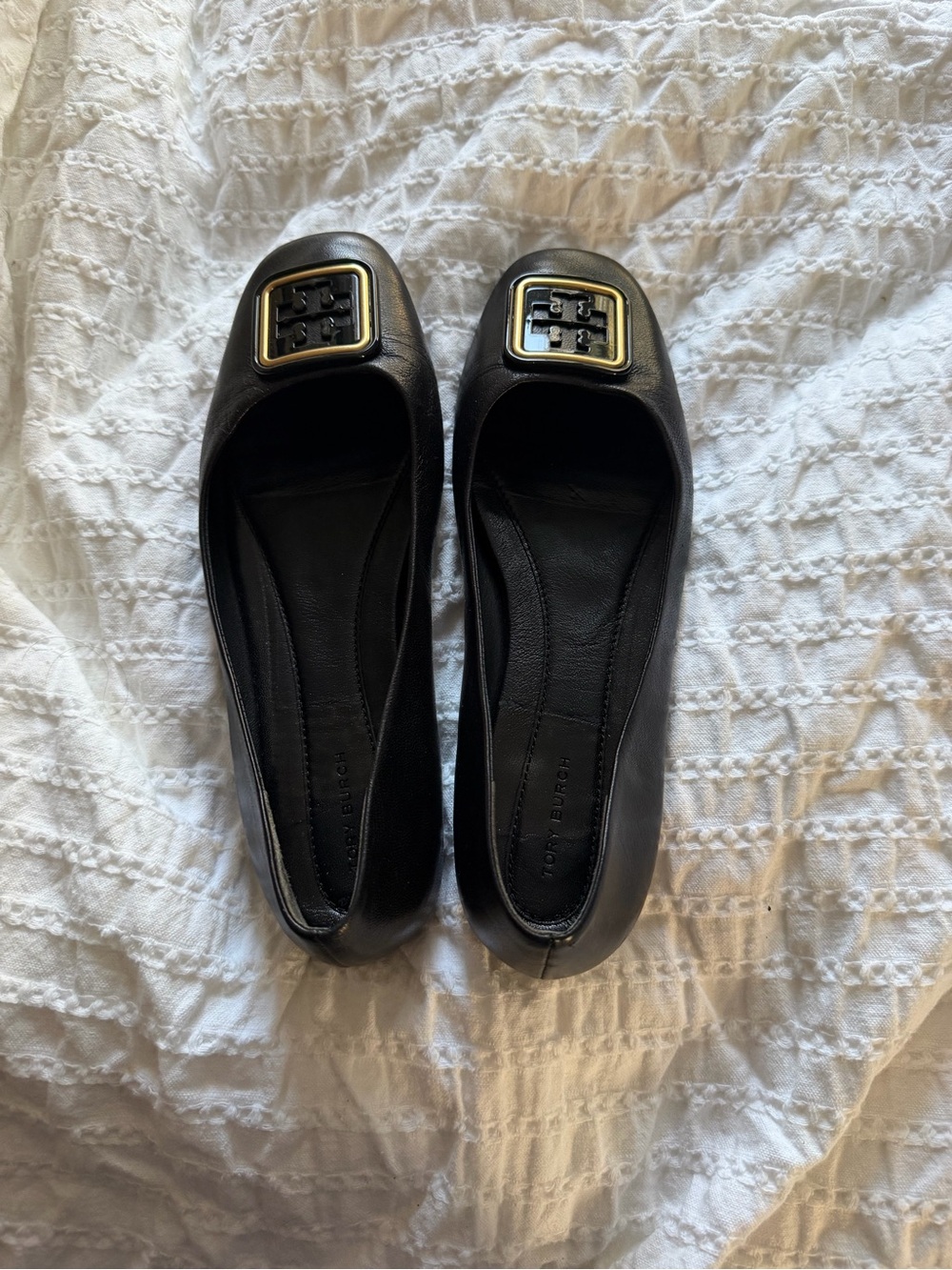 Tory Burch Black Leather Ballet Flats with Gold-Tone Logo Plaque